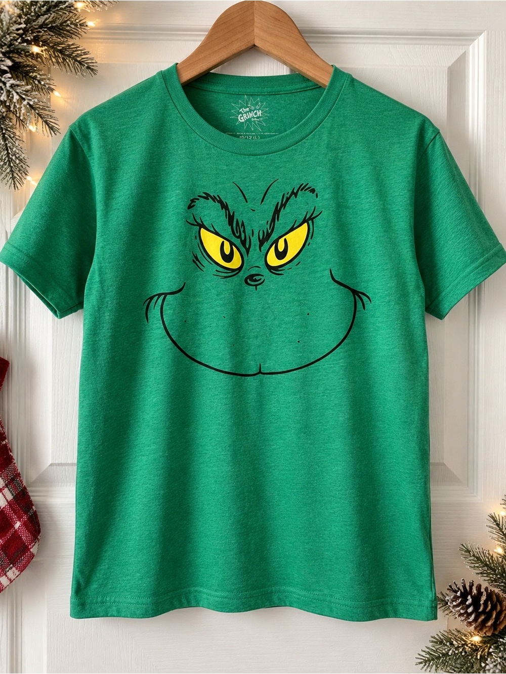 Green Kids' Grinch Face Tee, youth large